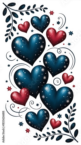 Vertical Arrangement of Hearts Leaves and Stars Keywords: heart, love, decoration, swirl, leaf, branch, star, pattern, romantic, celebration