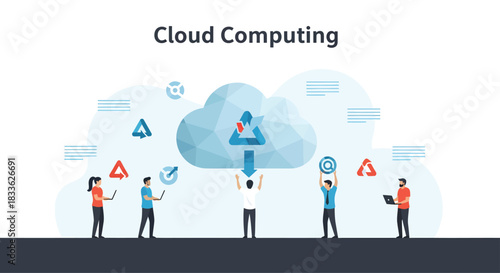 Cloud Computing Concept People Uploading  Downloading Data to Digital Sky Cloud