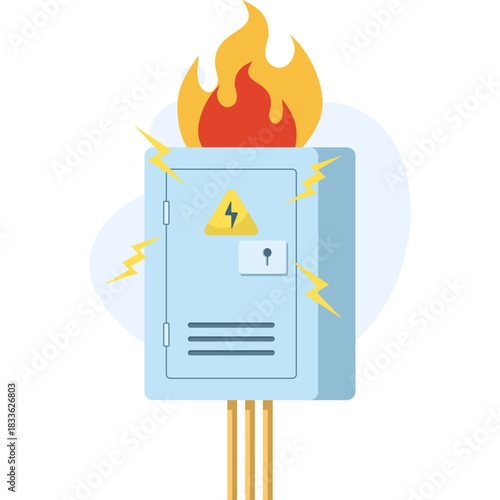 Illustration showing a burning electrical panel and broken switchboard, representing dangerous high-voltage conditions, electrical failures, and emergency safety alerts.