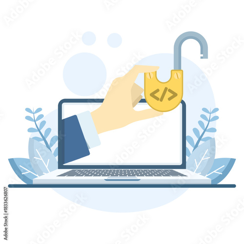 Vector illustration of a hand holding an unlocked padlock, representing open-source programming, digital product access, and granted permission to use and modify source code.