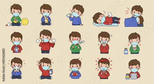A vector illustration collection depicts a child experiencing various symptoms of common illnesses, including fever, cough, and sore throat, wearing a mask for protection.