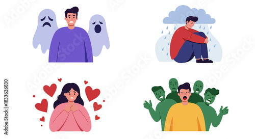 Diverse flat vector illustrations portray complex human emotions such as anxiety, depression, love, and anger, representing various psychological states.