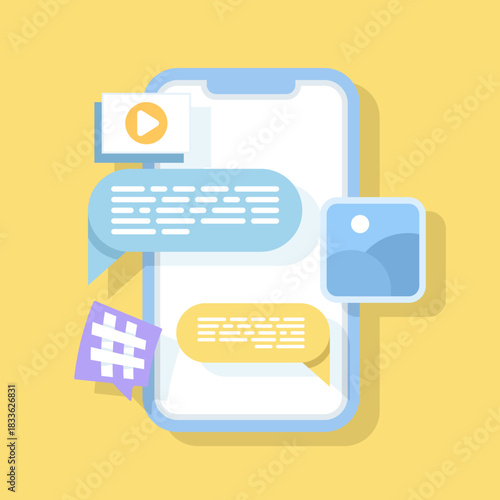Smartphone showing chat messages, videos, images, and hashtag icons. Modern vector for social media interaction, online engagement, and digital marketing visuals.