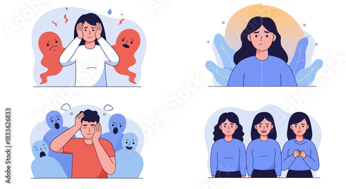 A vector illustration depicting people experiencing various mental health issues, including anxiety and depression, with stylized ghosts representing negative emotions and thoughts.