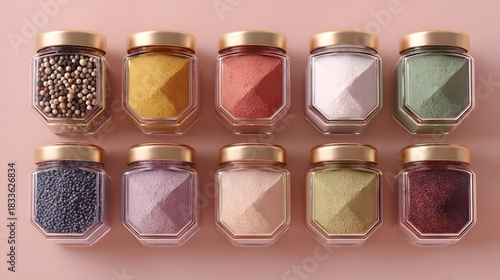 Fototapeta Naklejka Na Ścianę i Meble -  Elegant spice jars collection with vibrant colors and golden lids for gourmet cooking, adds a touch of modern style to any kitchen, perfect for food bloggers