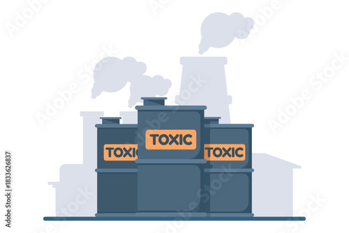 Illustration depicting factory toxic waste stored in barrels marked toxic, symbolizing industrial contamination, hazardous materials, and environmental risk.