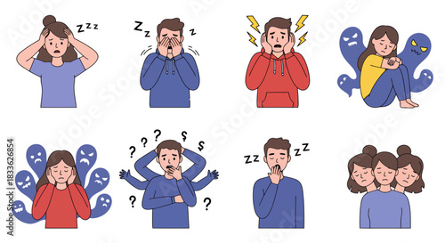 Vector illustrations showcase individuals grappling with diverse psychological states like stress, anxiety, fatigue, and confusion, representing modern mental health struggles.