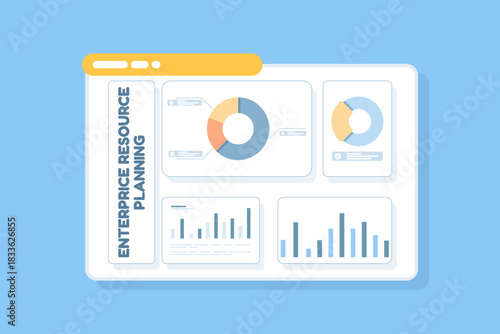 ERP Enterprise Resource Planning web concept with dashboard interface, data management, workflow automation, productivity and business enhancement. Modern flat vector illustration.