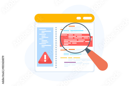 Vector of code inspection and debugging, magnifying glass over script with warning signs, software error detection, developer quality assurance, and programming workflow illustration.