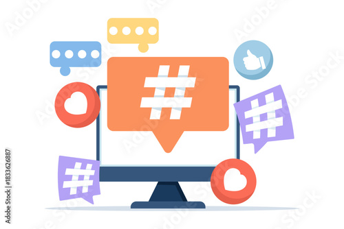 Social media marketing concept, digital promotion, brand engagement, online advertising, content strategy, and audience growth illustrated in a modern flat vector design.