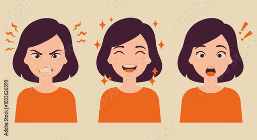 A vibrant vector illustration depicting a young woman's diverse facial expressions, including anger, happiness, and surprise, isolated on a clean background.