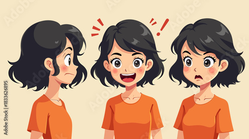 A vector illustration depicts a young woman showcasing different facial expressions, including sadness, happiness, and surprise, against a neutral background.