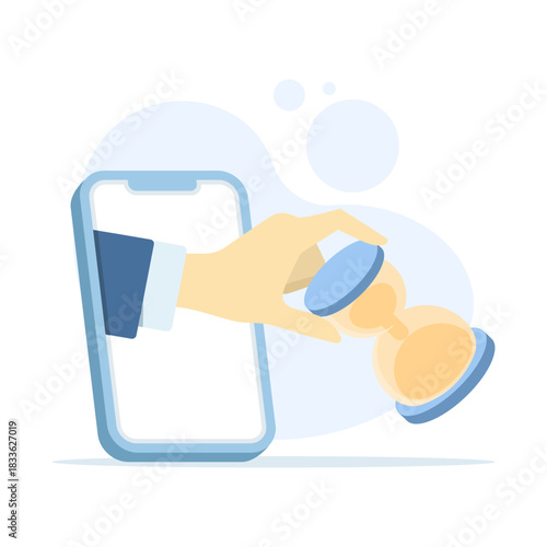 Illustration showing a human hand reaching from a smartphone to stop a sandglass, representing urgency, approaching deadlines, and effective time management in projects.