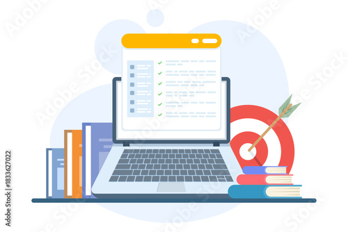 Illustration of a project management dashboard on a laptop with a checklist clipboard, representing task tracking, deadlines, and efficient workflow planning.