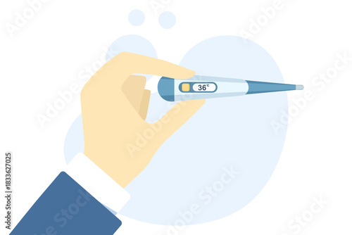 Vector illustration of a person holding a thermometer, representing temperature monitoring, medical examinations, and health assessment.