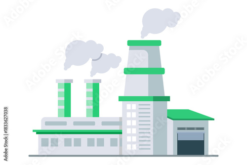 Industrial buildings produce smoke and air pollution. Vector illustration showing factory emissions, environmental impact, and industrial pollution issues.