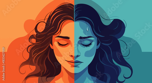 A vector illustration depicts a woman's face divided into two halves, one representing happiness and the other sadness, symbolizing emotional states and mental health.