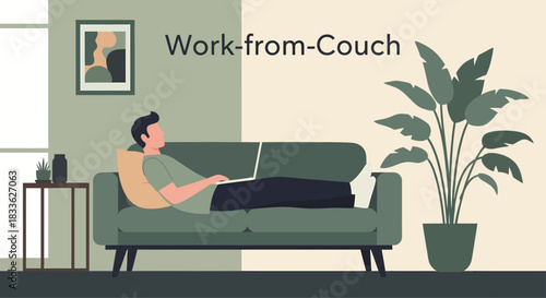 Man Working Remotely from Couch with Laptop, Casual Home Office Concept