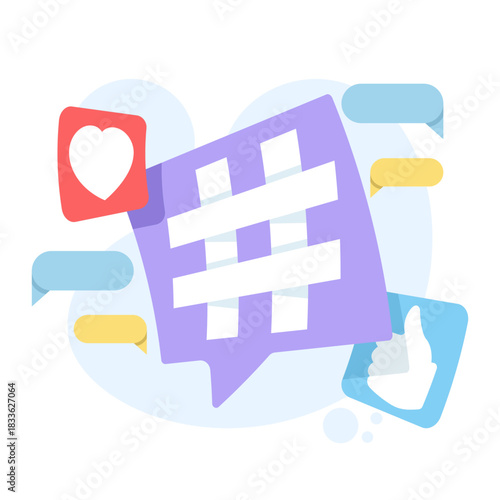 Speech bubble with hashtag symbolizing social media interaction. Clean vector design for influencers, posts, stories, avatars, and personal blog activity.