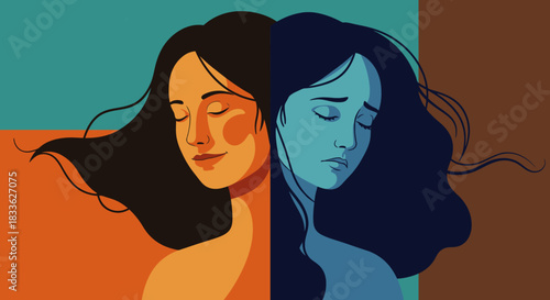 A vector illustration depicts a woman's emotional duality, showcasing both happiness and sadness with contrasting colors and expressions, symbolizing mental health.
