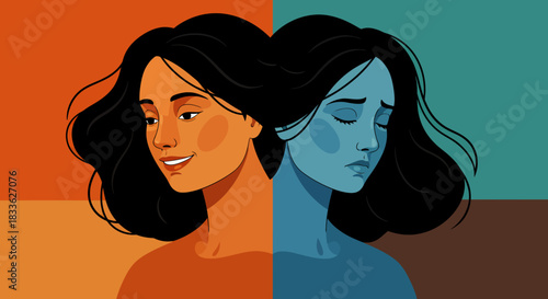 An illustrative vector graphic depicting a woman's face split into happy and sad expressions, symbolizing mental health conditions and emotional duality.