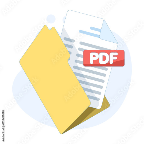 Illustration of a folder containing a PDF document, representing file organization, office management, and digital document storage for professional projects.