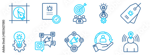 Brand icon collection set.Logo, identity, brand, Target market, strategy, innovation, marketing, advertising, customers, awareness. Simple flat vector.dual tone outlinestyle.