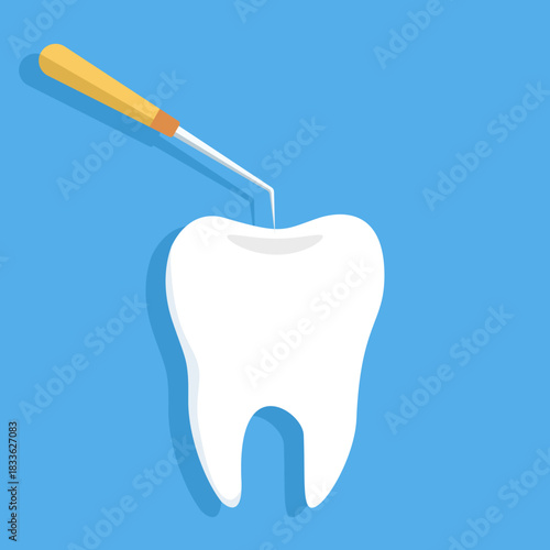 Vector illustration of healthy white teeth examined with a dental explorer tool on a blue backdrop, representing oral care, dentist equipment, and clinical dental checkups.