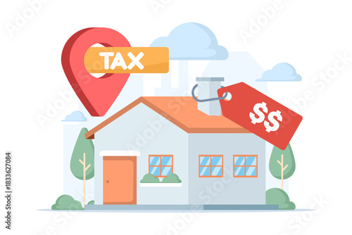 House with a price tag symbolizing housing tax. Minimal vector design illustrating property taxation, real estate fees, and financial management concepts.