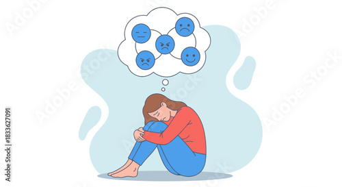 A woman sits with her knees pulled to her chest, thinking about her mental health and mood swings, represented by a vector graphic of connected emotions.