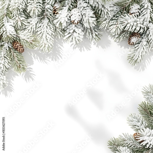 Snowy pine branches arranged as a natural frame on a white background, with soft shadows and a clean winter botanical aesthetic suitable for seasonal designs