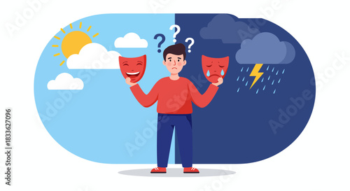 Conceptual vector illustration depicting bipolar disorder with a person holding both a happy and sad mask, against contrasting sunny and stormy backgrounds.