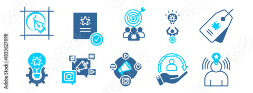 Brand icon collection set.Logo, identity, brand, Target market, strategy, innovation, marketing, advertising, customers, awareness. Simple flat vector.dual tone outlinestyle.