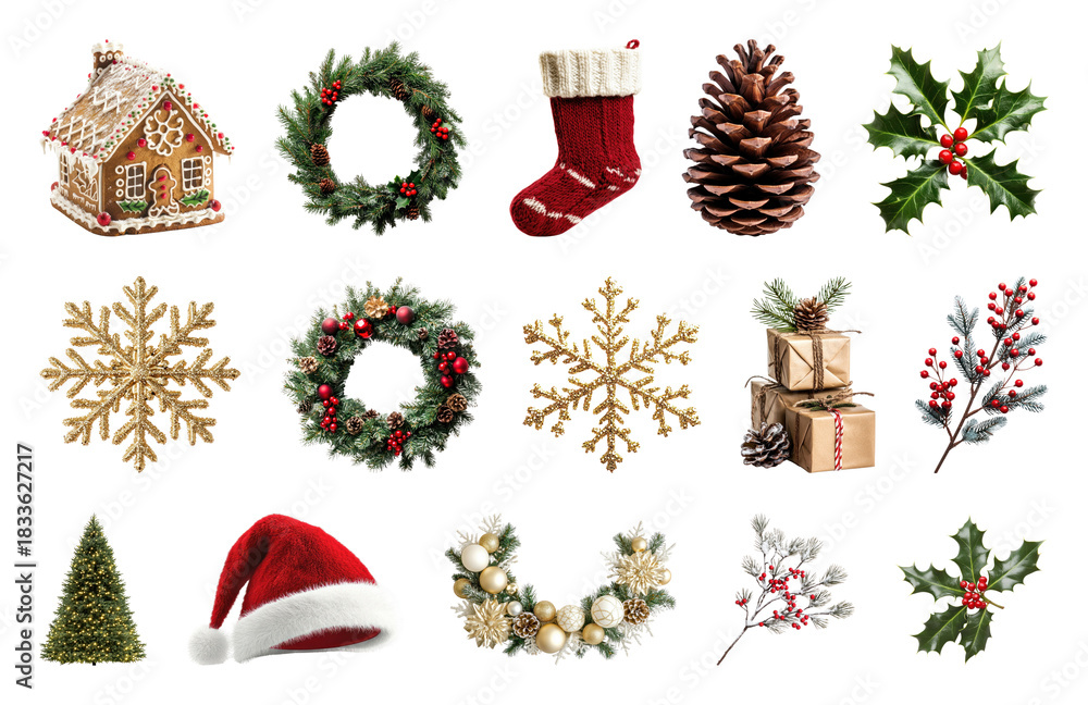 Fototapeta premium PNG Festive holiday decorations collection, element set on transparent background