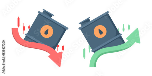 Vector of oil barrels with up and down charts, showing oil market trends, economic shifts, price changes, and industry volatility in a clean professional illustration.
