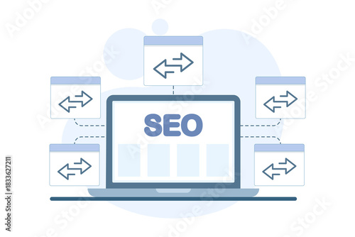 Illustration of backlink SEO marketing with a laptop webpage linked to multiple site icons, representing link building, search engine optimization, and online growth.
