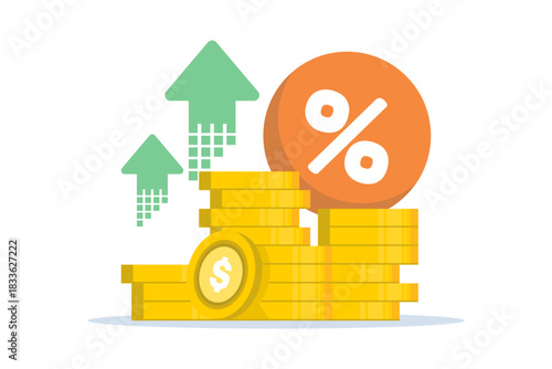 Money percentage growth vector, showing rising gold value, stock market rate increase, financial profit, income improvement, and modern cartoon style for investment and economy visuals.