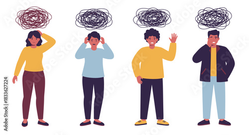 Four diverse people stand with chaotic scribbles above their heads, visually representing mental health struggles, stress, and anxiety in a clean vector illustration.