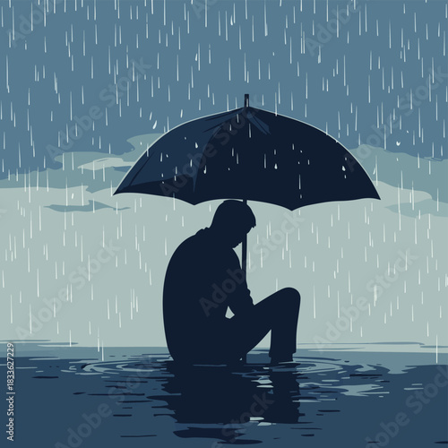 Umbrella protecting depressed man from rain , vector style simple color