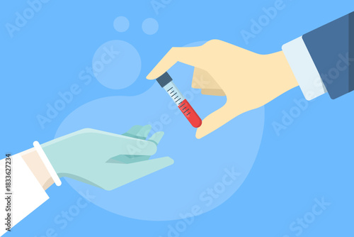 Vector illustration of a blood sample tube prepared for laboratory use, representing medical testing, clinical diagnostics, and healthcare examination procedures.