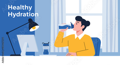 Healthy Hydration Man Drinking Water at Desk While Working