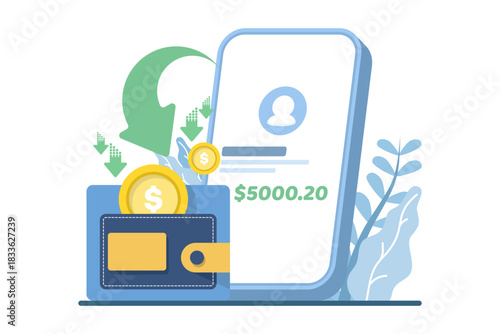 Illustration showing mobile payments and online money transfer via smartphone and wallet. Perfect for UI design, website templates, app interfaces, and promotional materials.
