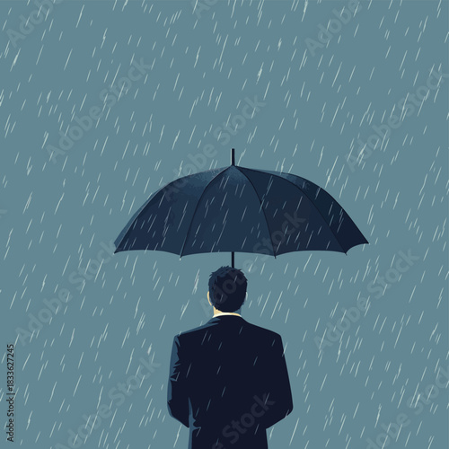 Umbrella protecting depressed man from rain , vector style simple color