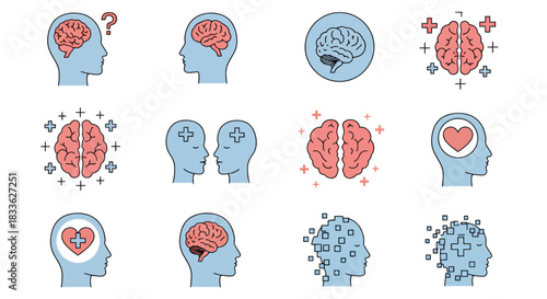 A comprehensive set of vector icons illustrating human brain health, mental well-being, and neurological conditions for medical and educational designs.