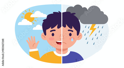 A vector illustration depicts a person experiencing contrasting emotions, with one side representing happiness and sunshine, while the other side shows sadness and a stormy atmosphere, symbolizing