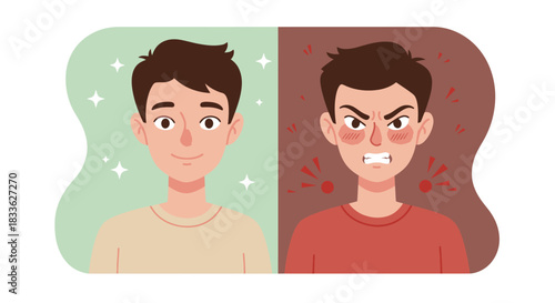 A vector illustration depicts a man's emotional state, showcasing the contrast between happiness and anger with a clear visual representation of feelings and expressions.