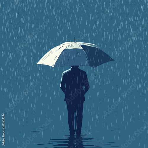 Umbrella protecting depressed man from rain , vector style simple color