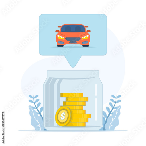 Piggy bank and personal car on a clean isolated background, symbolizing future car savings. Modern vector for financial planning and long-term budgeting.