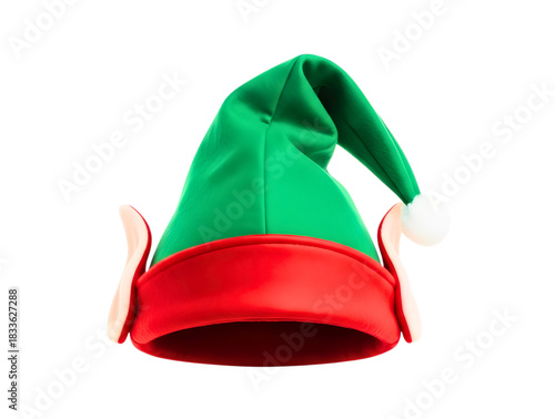 Green and red elf hat with white pompom isolated on transparent background