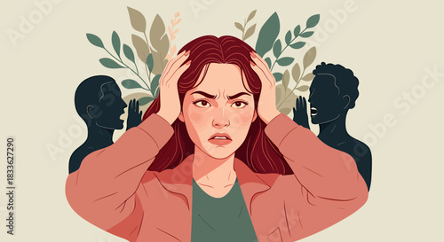 Worried woman with hands on her head suffering from anxiety and mental health issues, with plants and silhouettes in the background, vector illustration.